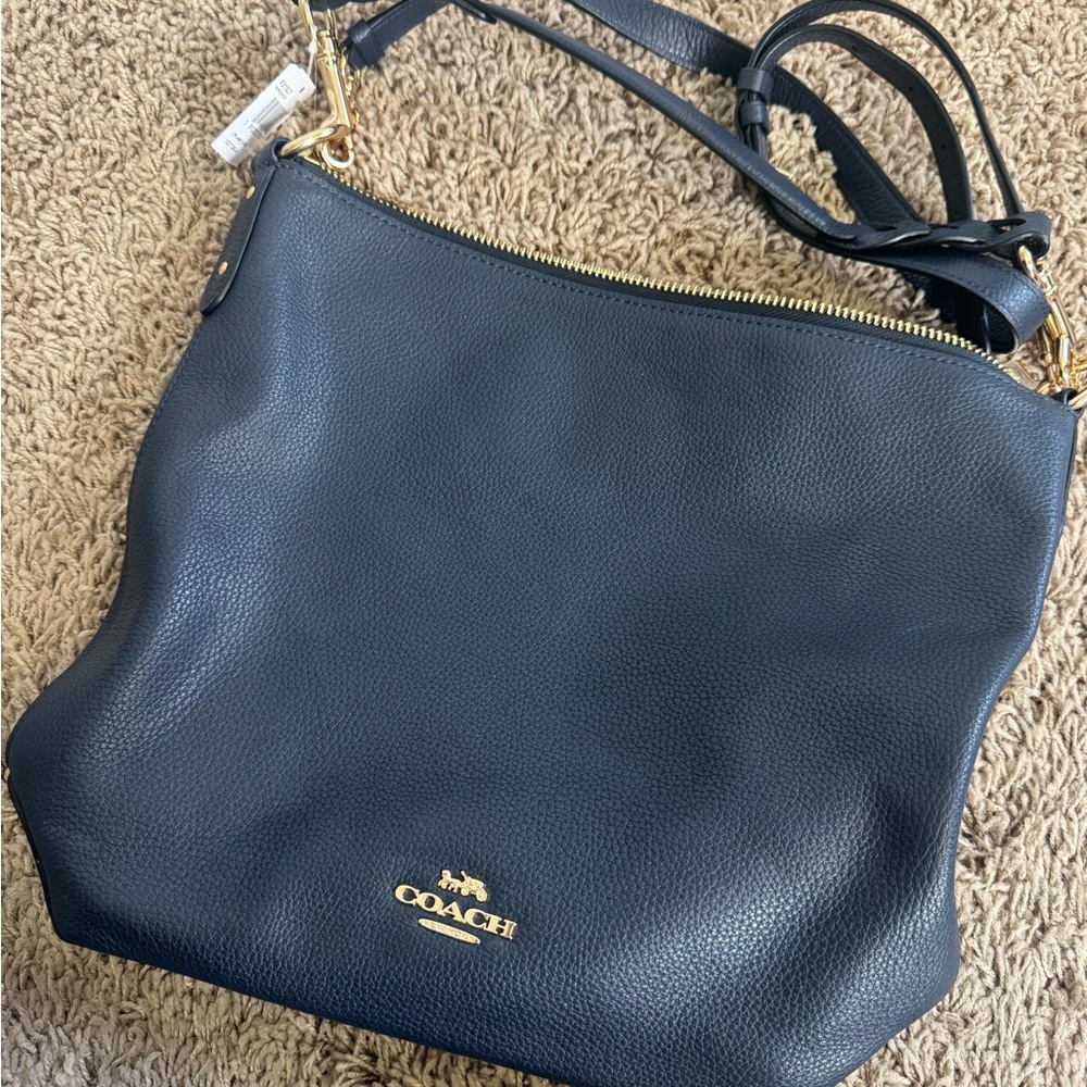 Coach Navy Leather Shoulder Bag with Gold Accents